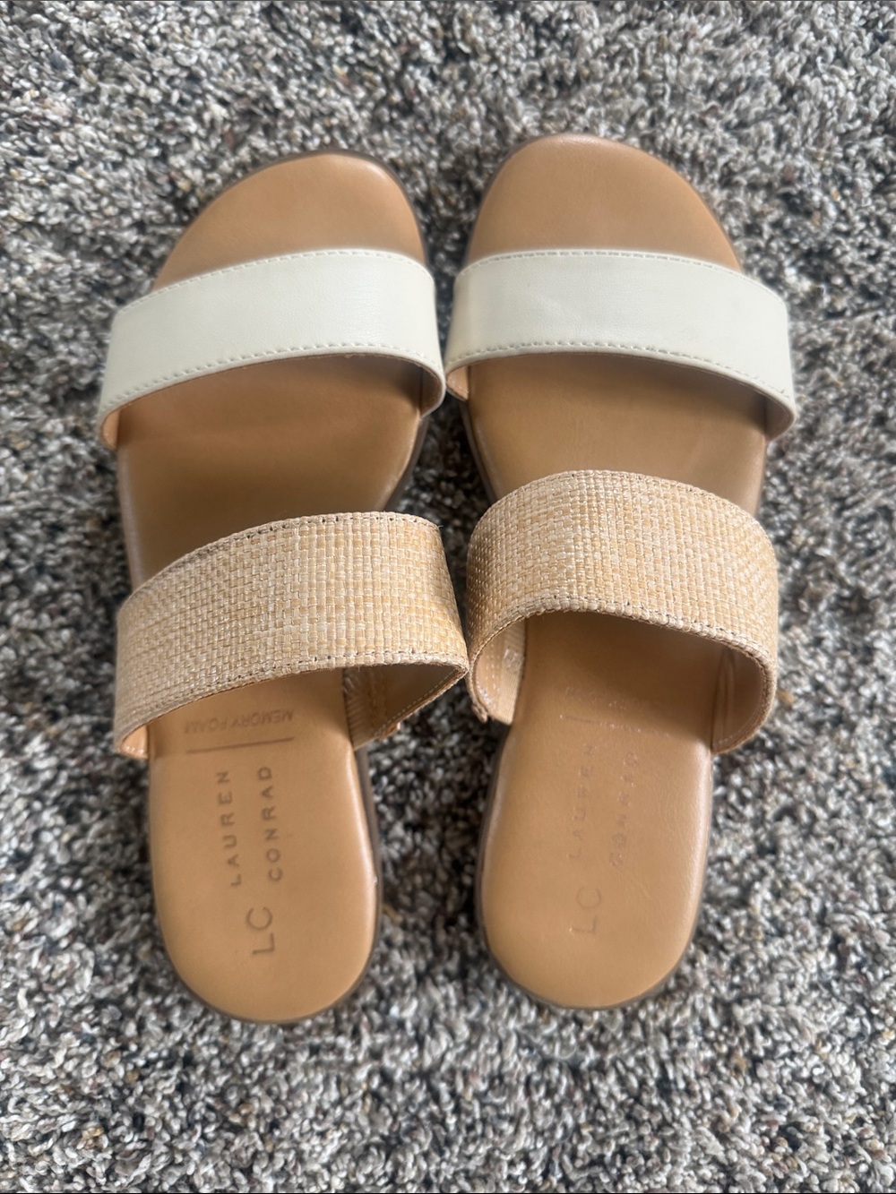 LC Lauren Conrad Tan & Cream Double Strap Slides